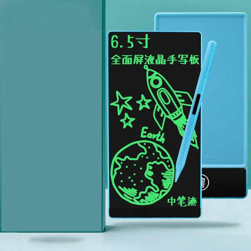 Blue LCD handwriting board with 6.5-inch screen and stylus for student arithmetic practice