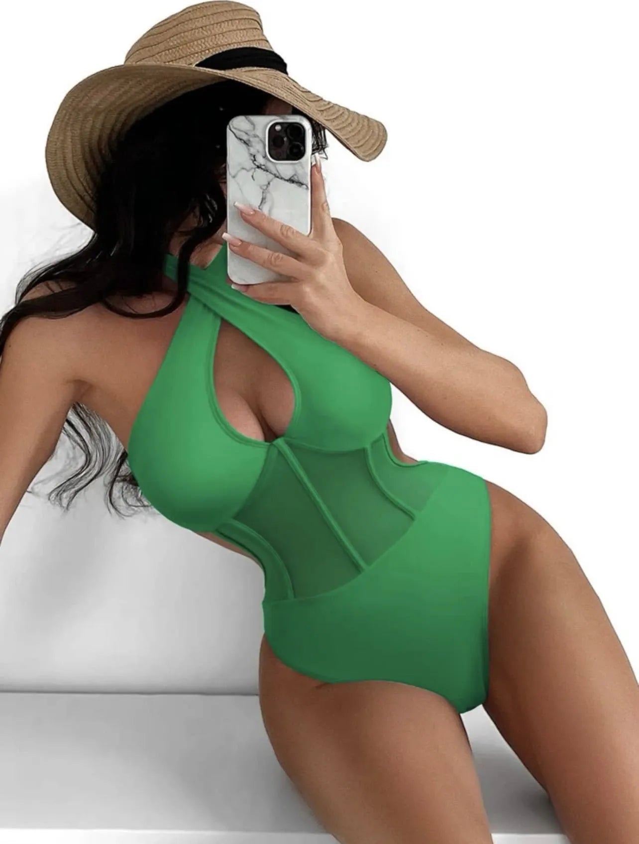 Women's black one-piece swimsuit bikini made from nylon and spandex fabric