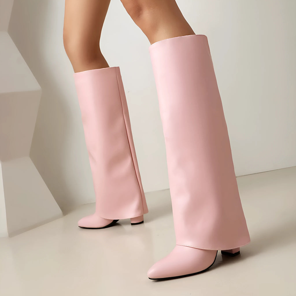 Women's plus size thick high heel boots in black with high calf length and sewing line details