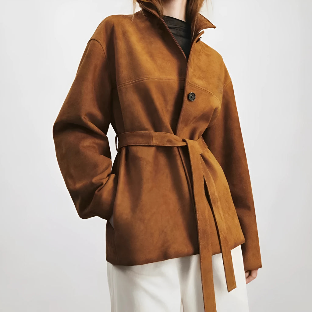 Mid-length yellow brown cashmere coat with leather stitching and Peter Pan collar