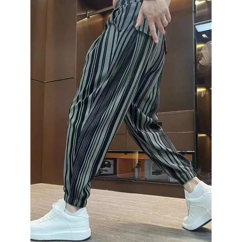 Men's ankle-tied Harlan casual thin cropped ice silk trousers in white or dark grey with striped pattern, sizes M-3XL
