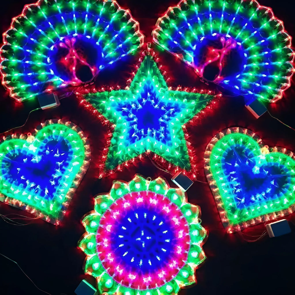 Outdoor decorative string lights with peacock, heart, sunflower, and star LED shapes in plastic housing