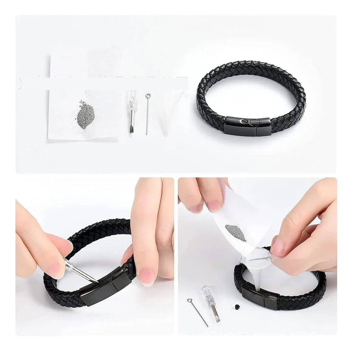 Black leather bracelet with a small stainless steel casket charm, shown in a gift box.