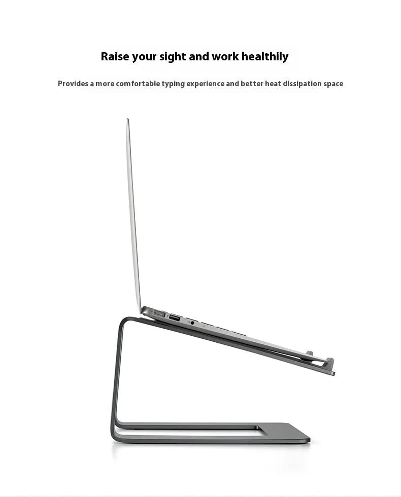 Black aluminium alloy laptop stand on a wooden desk