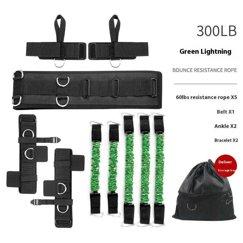 Fitness bounce chest expander elastic resistance band with colour-coded sleeves indicating 100-300 pound resistance levels