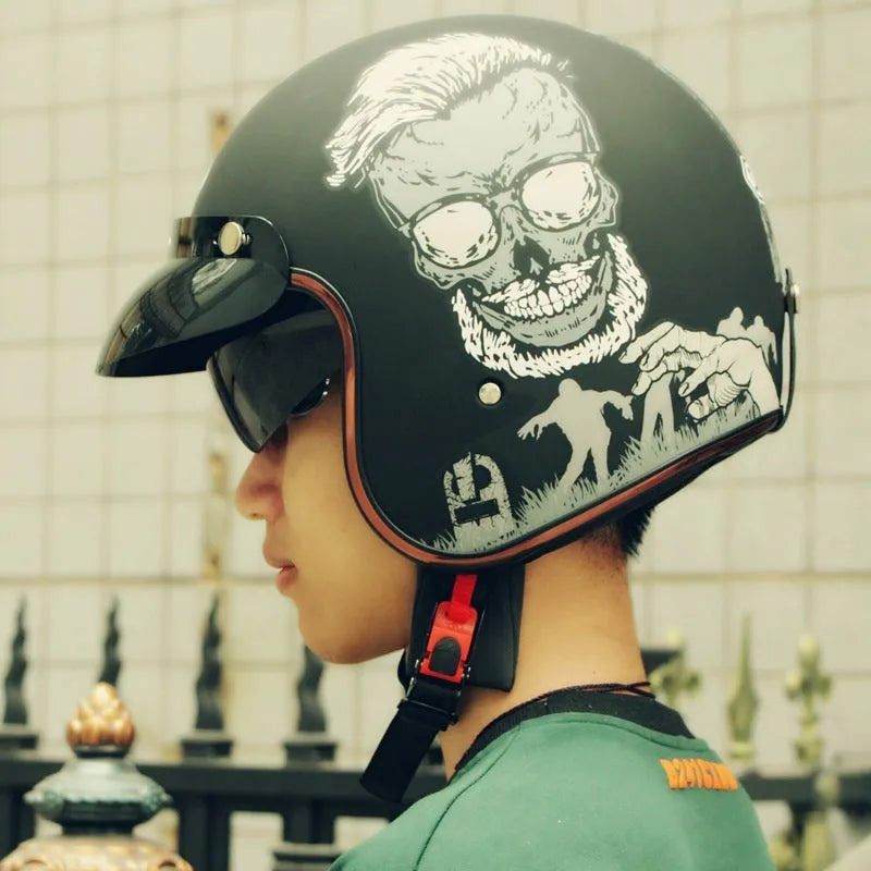 Retro electric bike half helmet in ABS construction showing multiple colour options and size variations