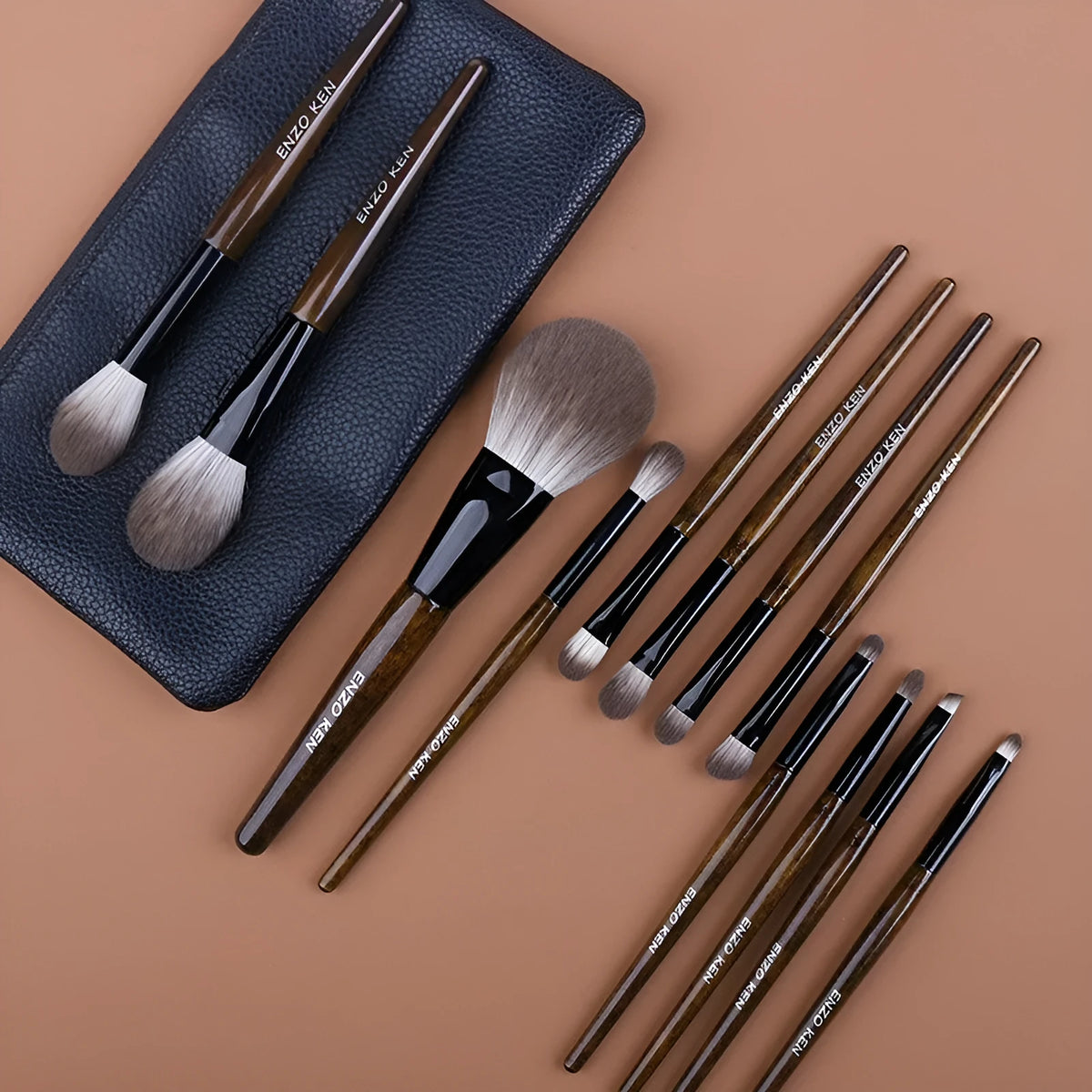 12-piece makeup brush set with wooden handles and PU storage bag displayed