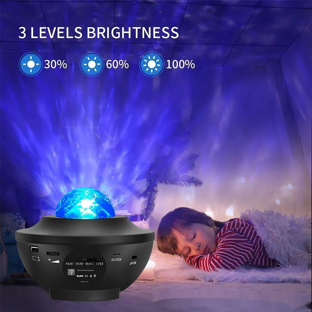 Black parallel-style starry sky projection lamp with rotating celestial patterns and water ripple laser effects