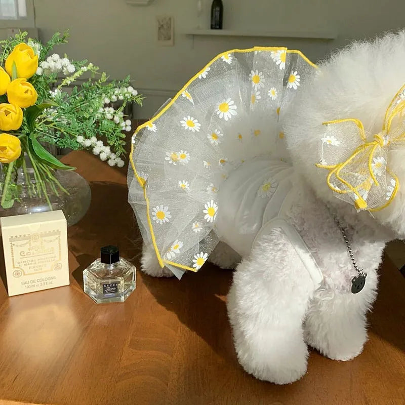 Yellow little daisy patterned thin dog clothes with floral accessories for summer canine wear