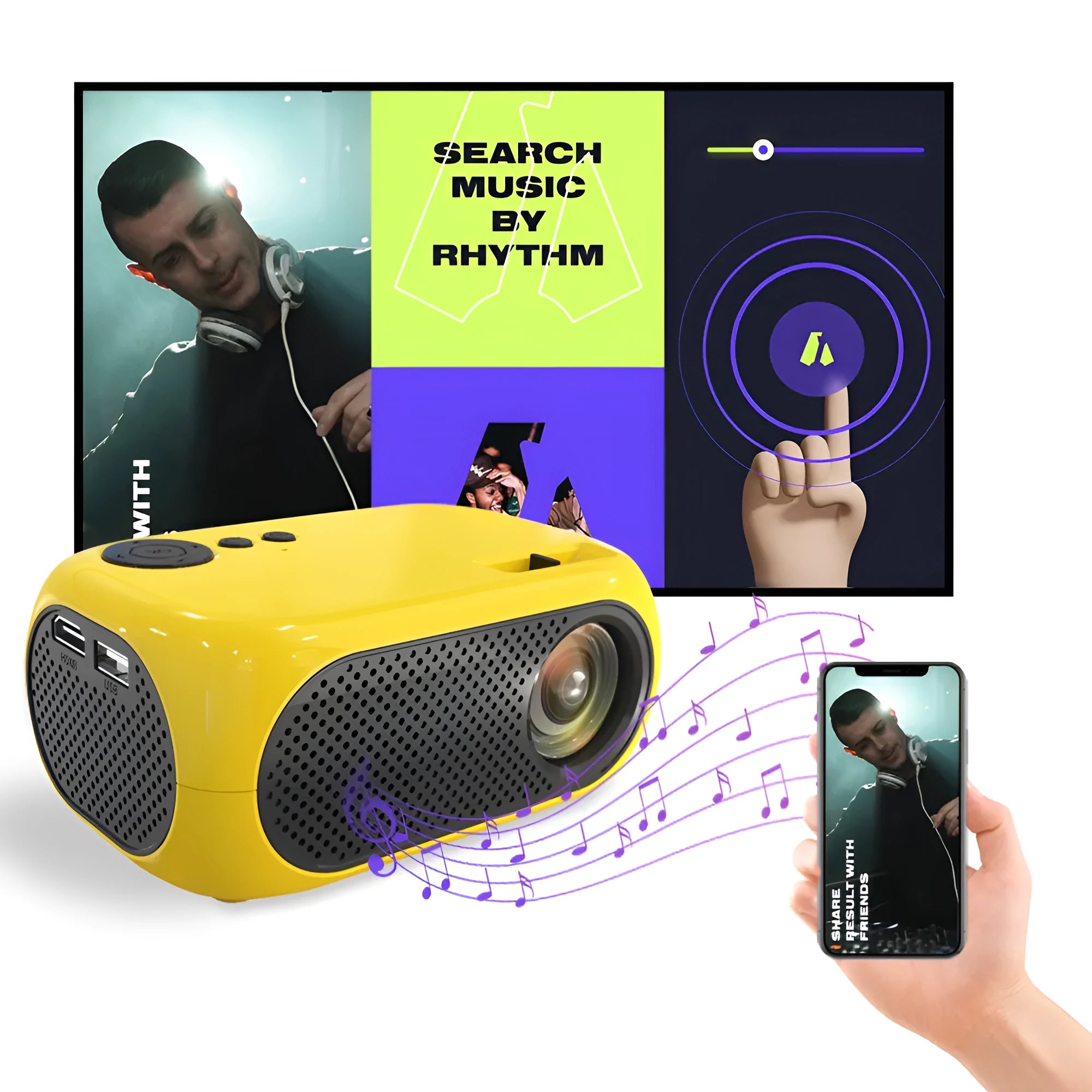 M24 portable mini projector in gold colour with compact 190mm design and AV cable