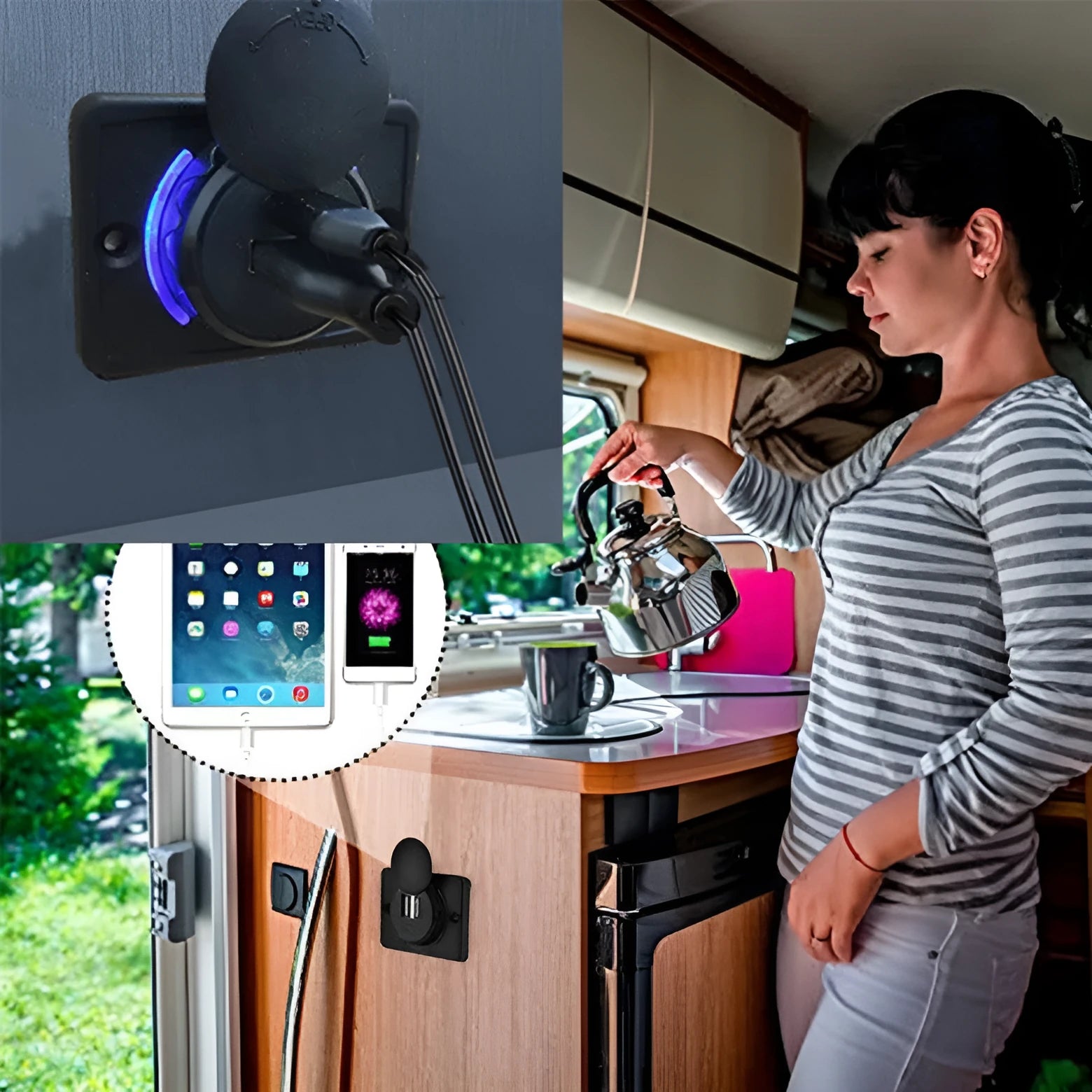 Black 12V USB car charger with 3.1A output and mounting screws for vehicle installation