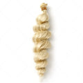 Women's golden synthetic wig showing length options with heat-resistant chemical fibre material