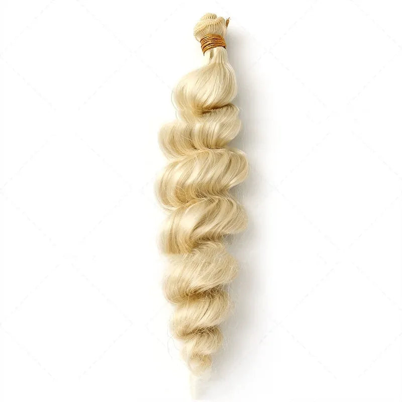 Women's golden synthetic wig showing length options with heat-resistant chemical fibre material