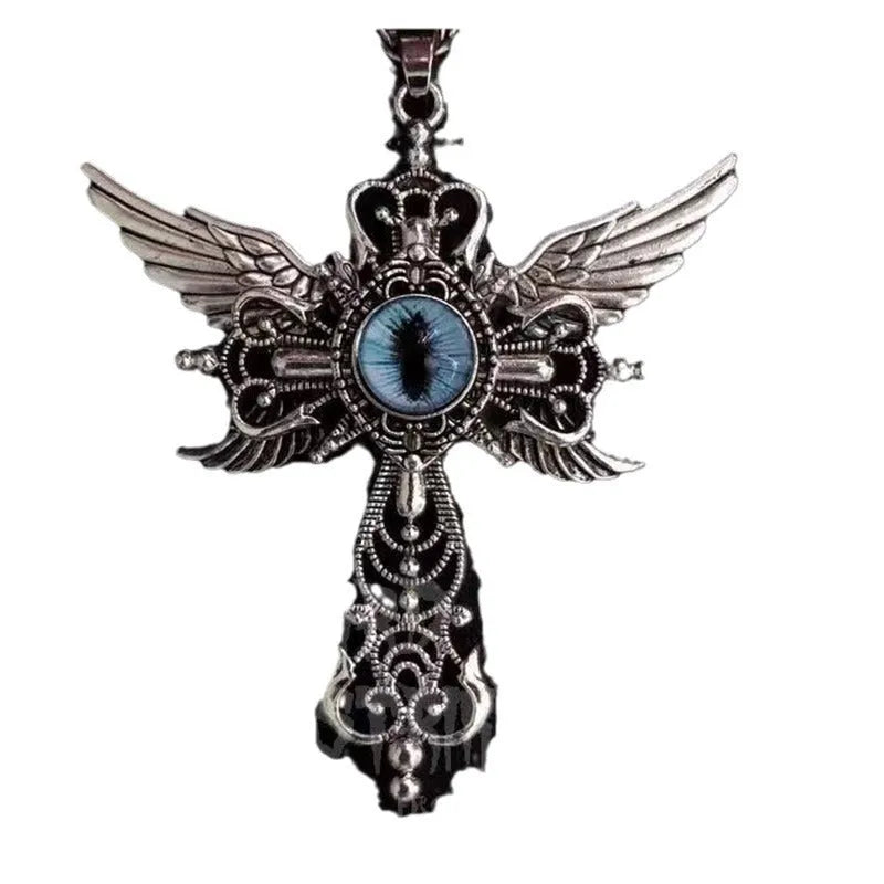 Geometric devil wings and cross alloy pendant necklace on a chain in blue colour.