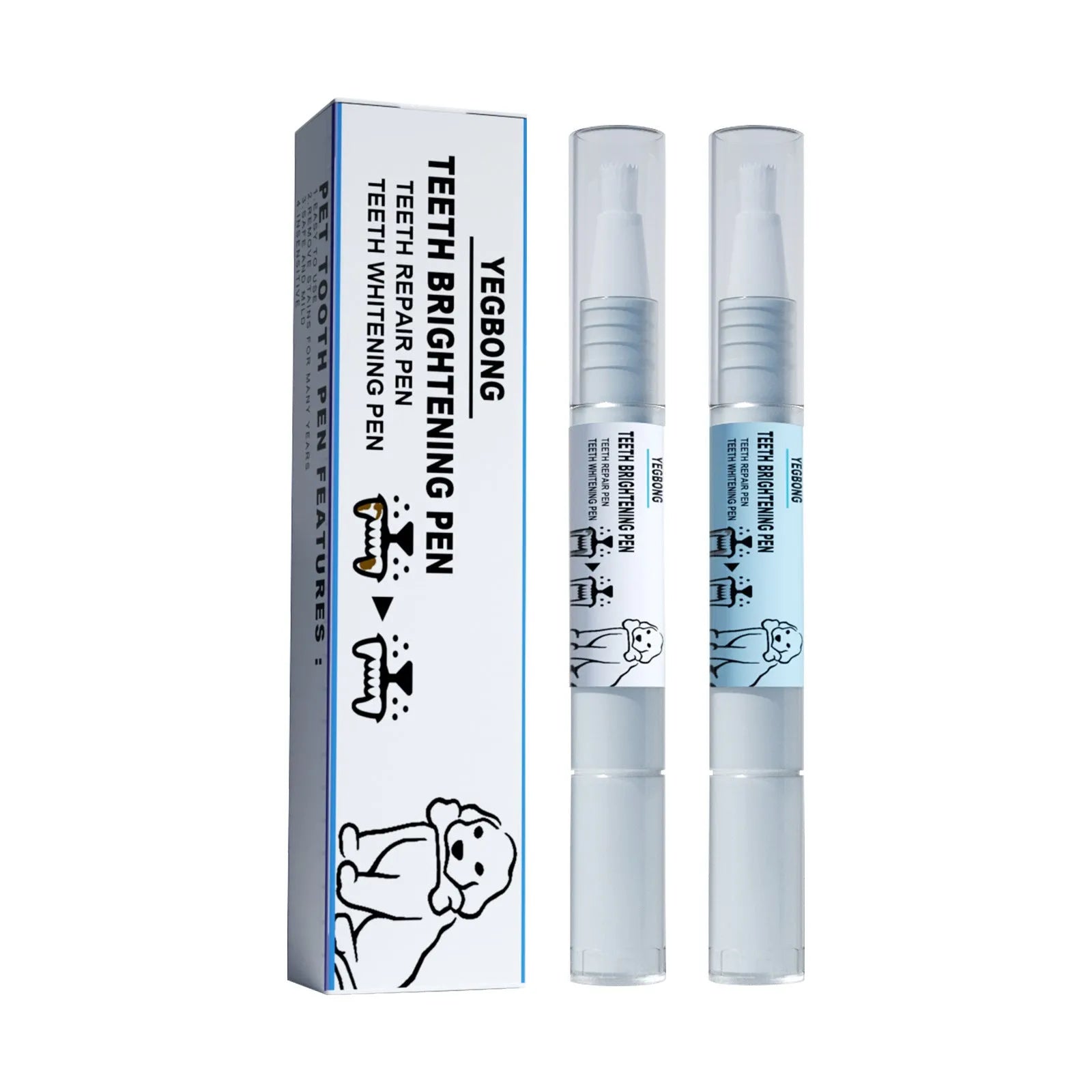 Pet teeth whitening pen and dental brush kit for dog and cat tartar removal.