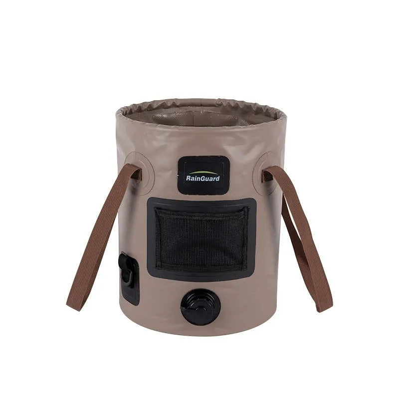 Lemon yellow 25-litre plastic folding fishing bucket showing its collapsible design and optional mesh pocket.