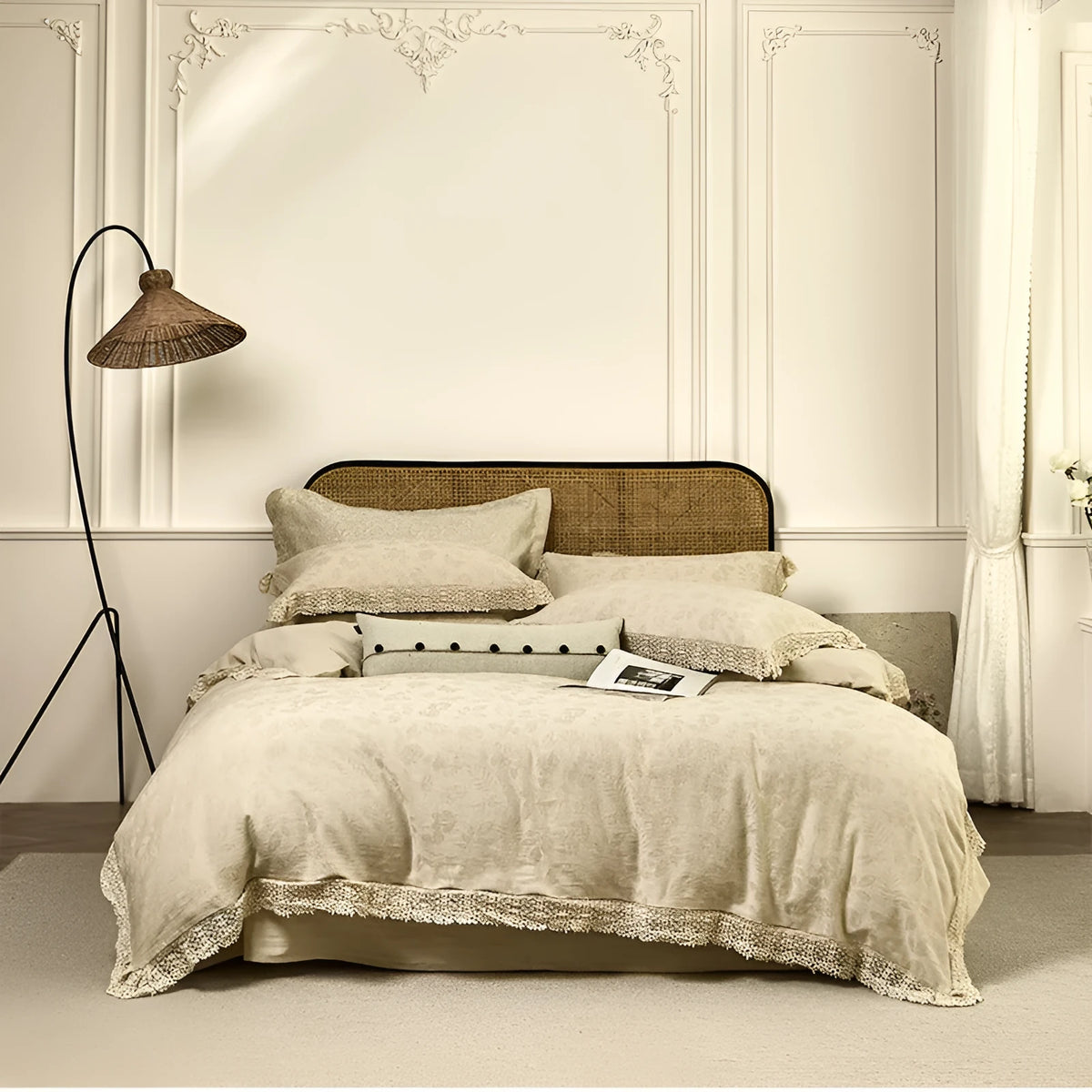 Cotton linen jacquard four-piece bed sheet set with solid colour, lace trim and 48x74 cm pillowcase