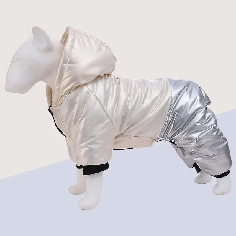 Green pink and white cotton-padded waterproof dog coat with four-legged design in sizes S to 3XL