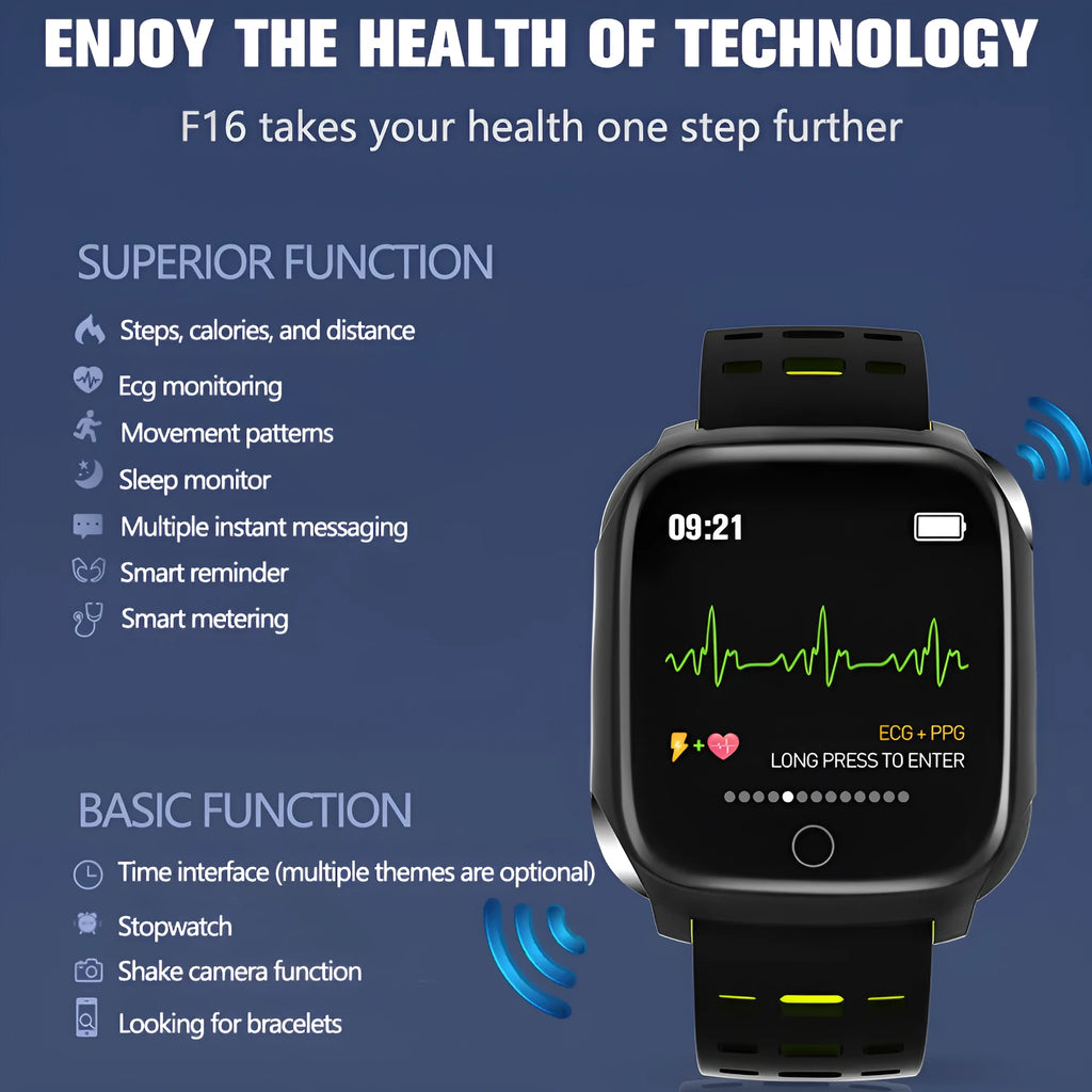 F16 Smart Watch with ECG monitor showing black grey silicone wristband and 43mm display