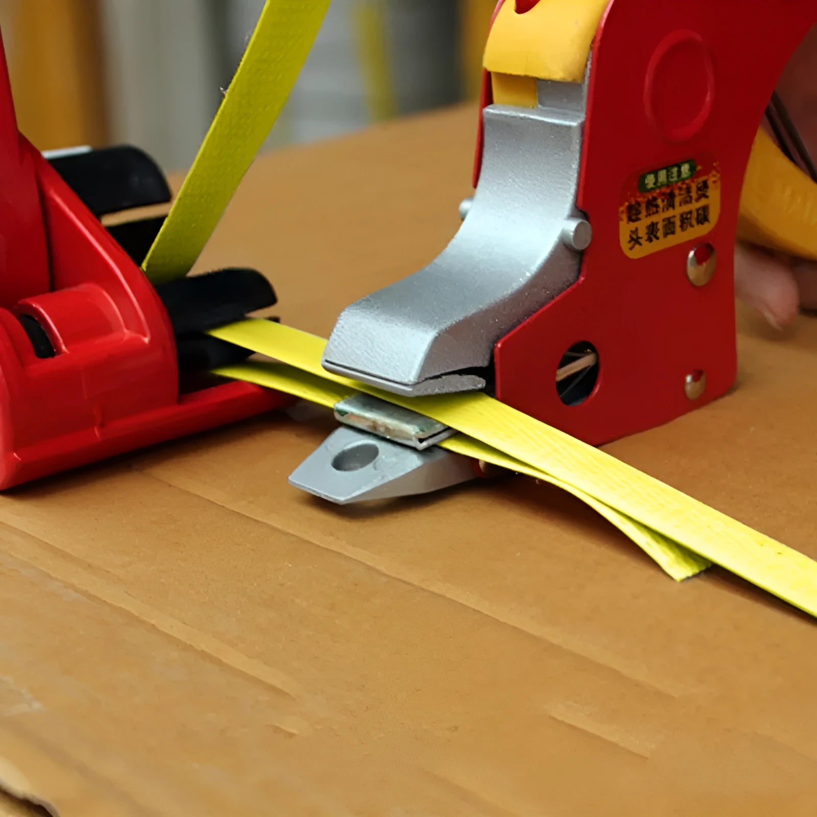 Portable electric hot melt packing machine with plastic steel tensioner and yellow strapping tape.