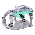 Reflective light blue polyester chest strap harness for a dog on a size chart showing XXS to L.