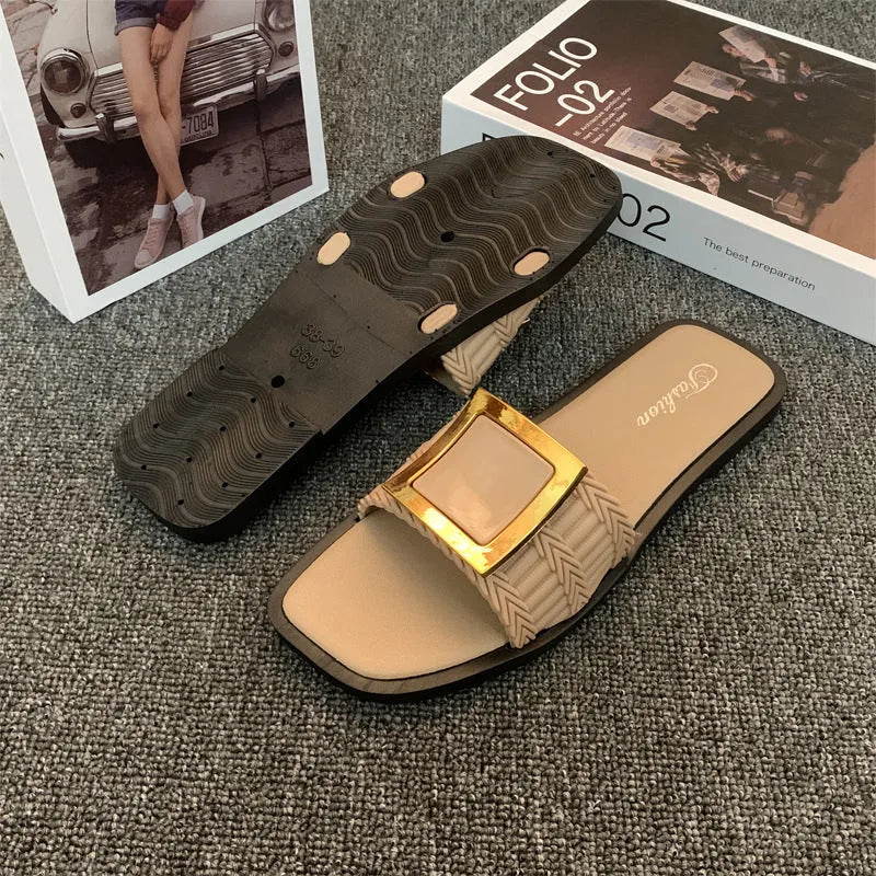 Women's apricot summer flat slippers with casual PVC non-slip sole
