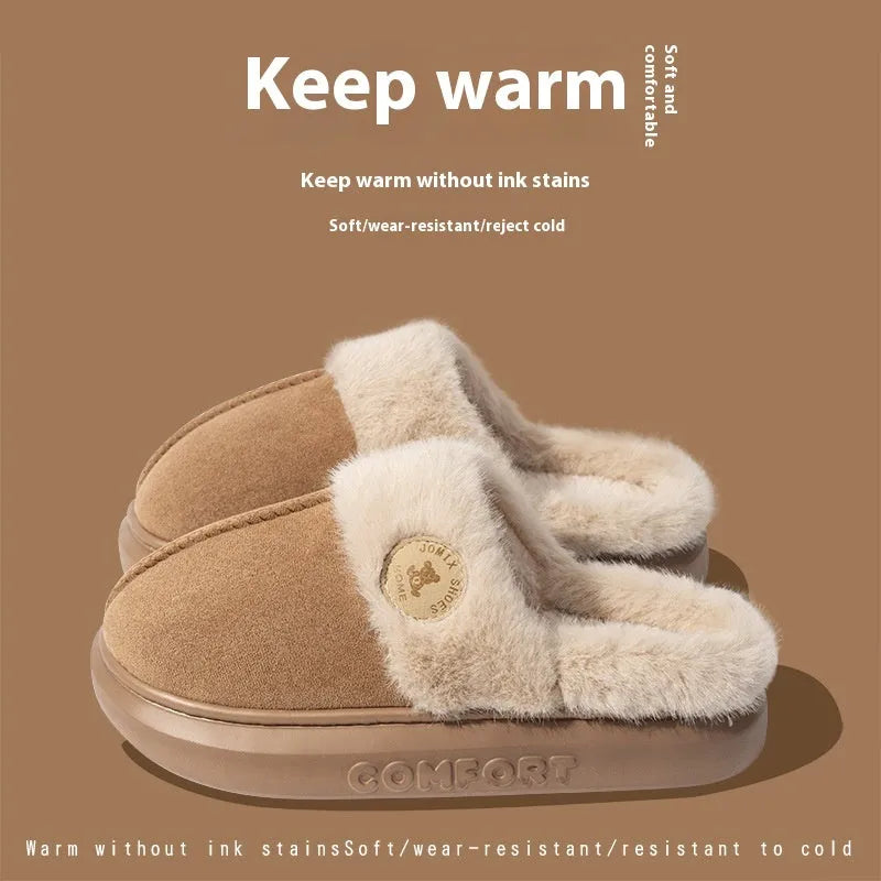 Plush fleece indoor slipper with PVC sole shown in available colours: black, blue, brown, khaki, pink.
