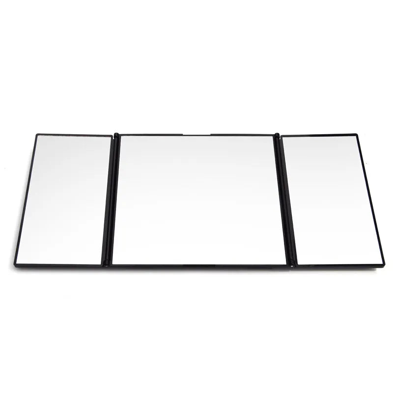 Silver folding car makeup mirror shown closed at 15.5 cm wide, suitable for mounting on a car visor.