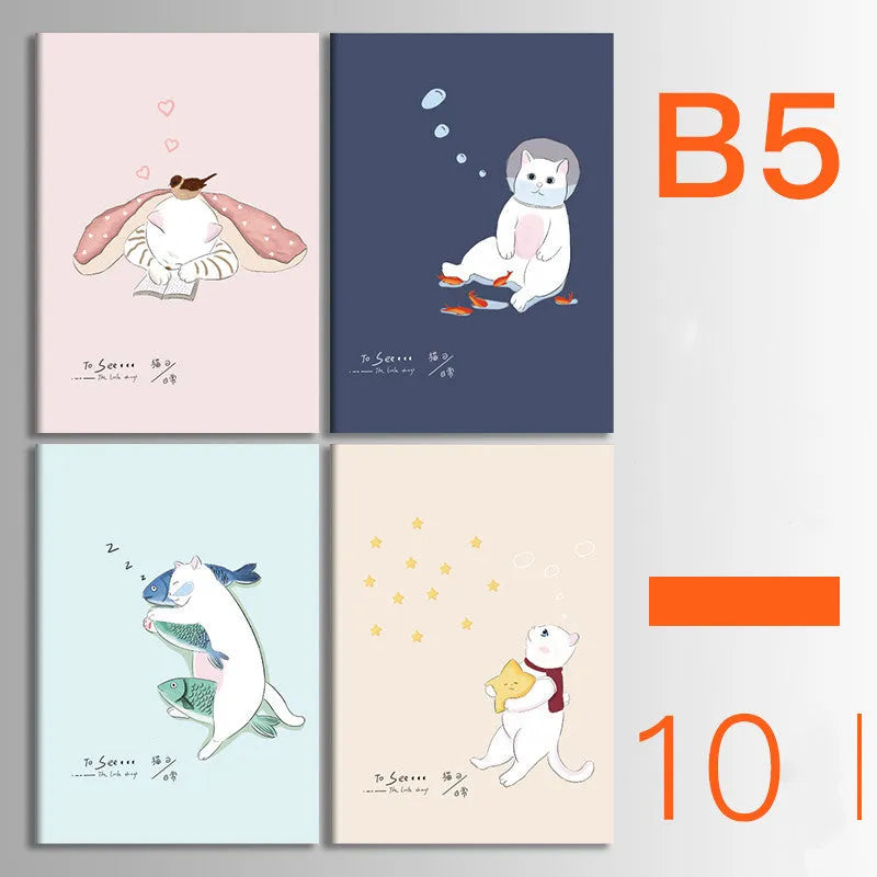 Ten soft cover kraft paper notebooks with thread binding in A5 and B5 sizes showing multiple design styles