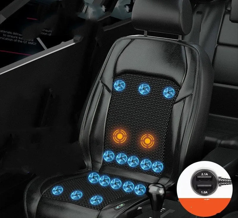 Car seat cooling cushion with ventilation grid and fan unit, shown in black colour