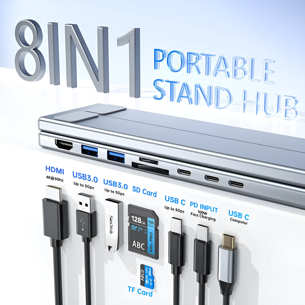 Aluminium alloy folding laptop stand with built-in 8-in-1 multi-interface HDMI docking hub.