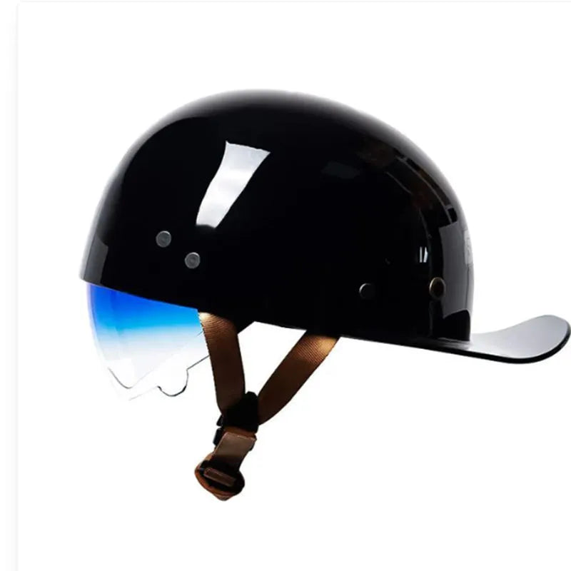 Black gradient blue retro half helmet for electric bicycles with tinted visor and ABS construction