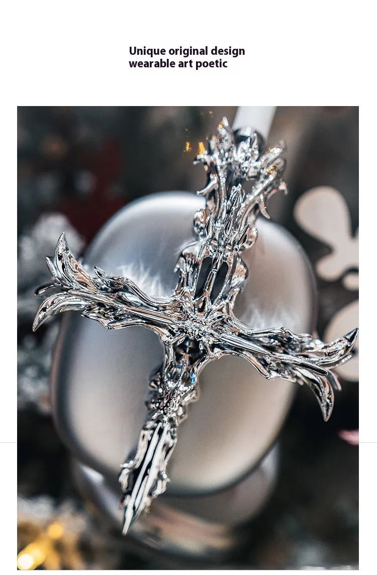 Gothic cross design hard resin cover for Apple AirPods Max headphones in gunmetal colour.