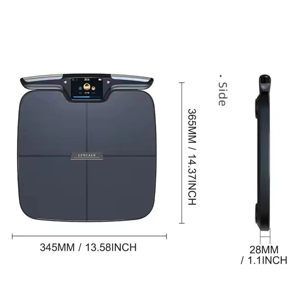 Black eight-electrode body fat scale with digital display on 45cm square platform