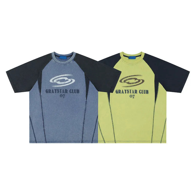Blue men's t-shirt with printed letters and raglan sleeves on hanger