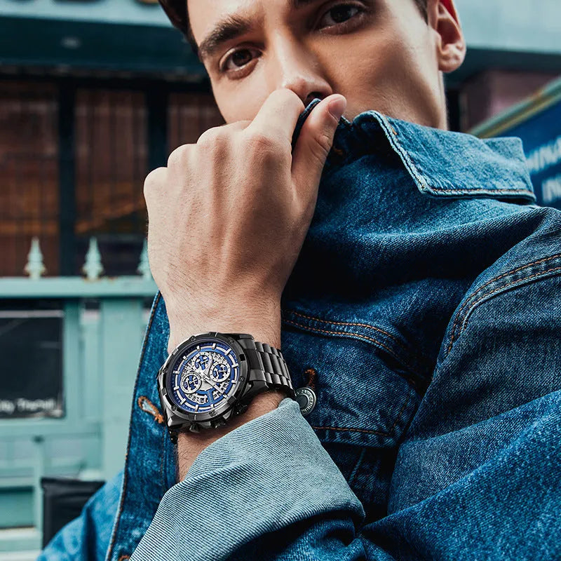 Men's luminous waterproof quartz watch with steel belt in black shell blue surface option