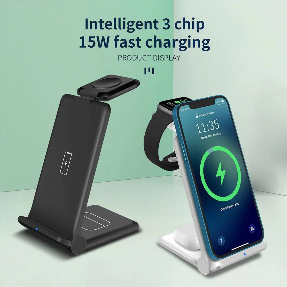 White 3-in-1 wireless charging station dock for iPhone, Apple Watch and AirPods, showing foldable design.