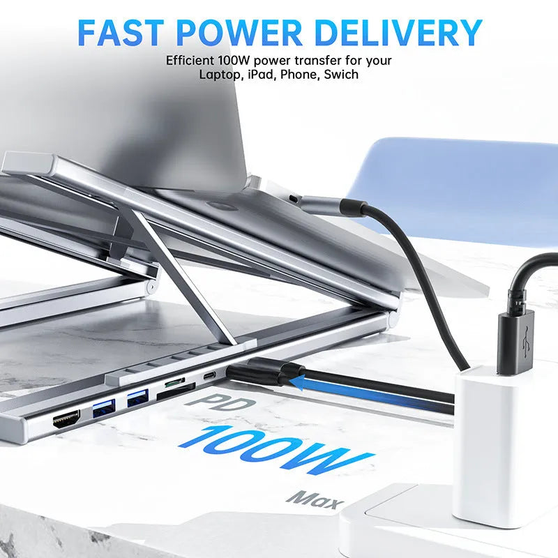 Aluminium alloy folding laptop stand with built-in 8-in-1 multi-interface HDMI docking hub.