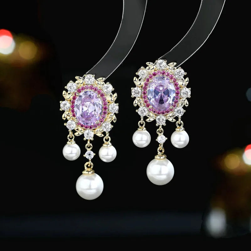 Oval geometric pearl tassel earrings with zircon inlaid stones in light purple colour