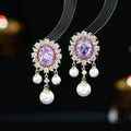 Oval geometric pearl tassel earrings with zircon inlaid stones in light purple colour