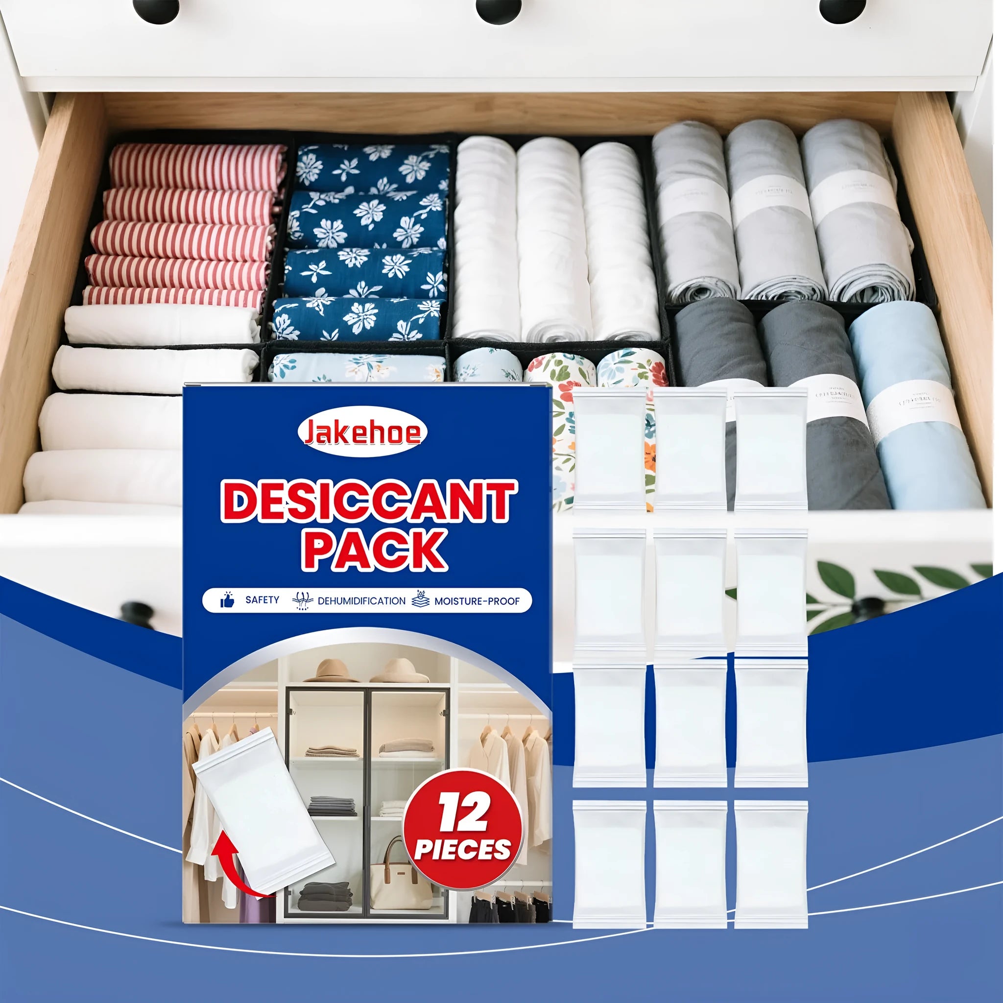 Pack of twelve white calcium chloride desiccant units for household moisture and odour control.