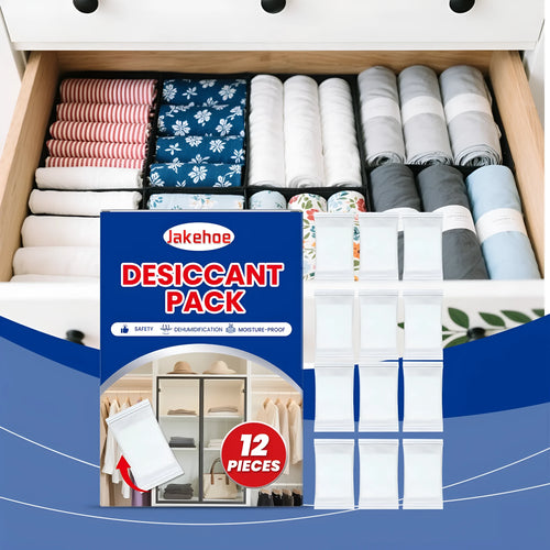 Pack of twelve white calcium chloride desiccant units for household moisture and odour control.