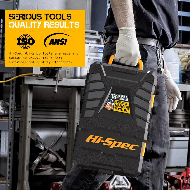 Grey yellow case containing 82-piece chrome-vanadium steel furniture tool set for installation and assembly