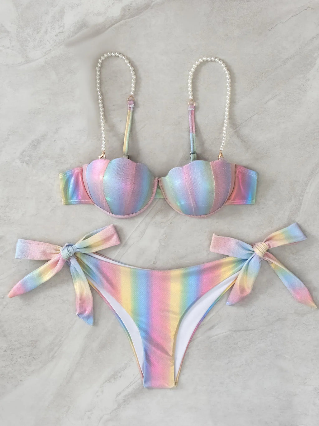 Women's shell rainbow bikini swimsuit with split tied design for swimming sports