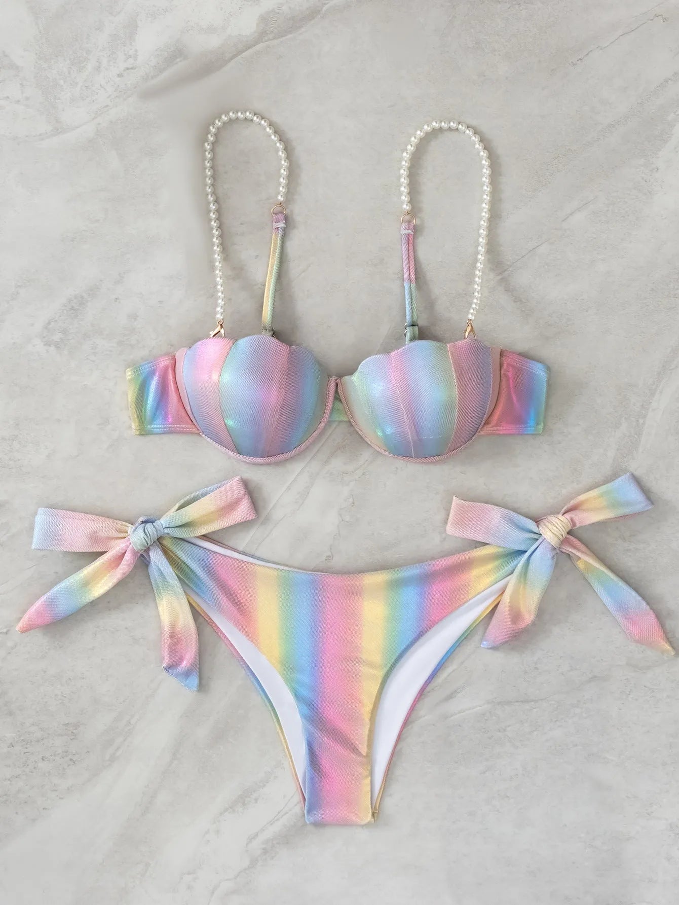 Women's shell rainbow bikini swimsuit with split tied design for swimming sports