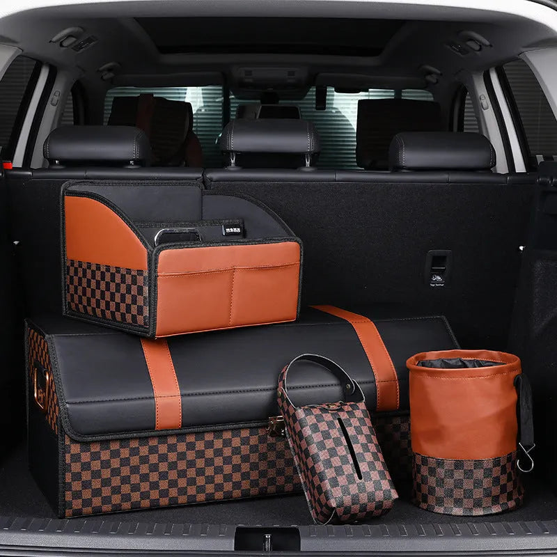 Retractable leather car trash can showing folding design and built-in handle