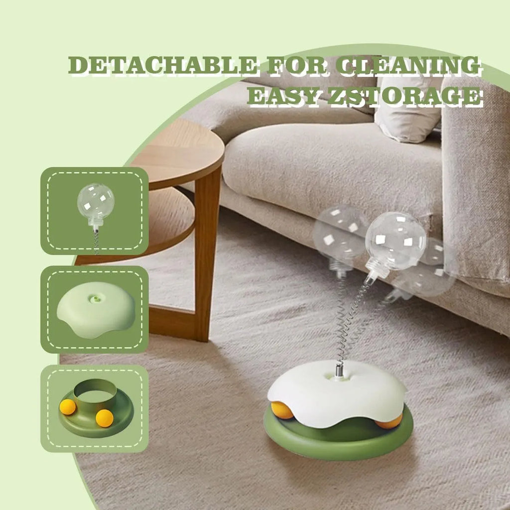 Blue or green PP plastic cat treat dispenser toy with track ball, showing slow feeder design and rounded shape.