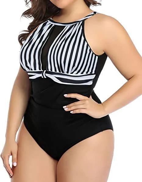 Women's one-piece swimsuit with lace body detail in solid black red flower or stripe pattern polyester fabric sizes L to 4XL
