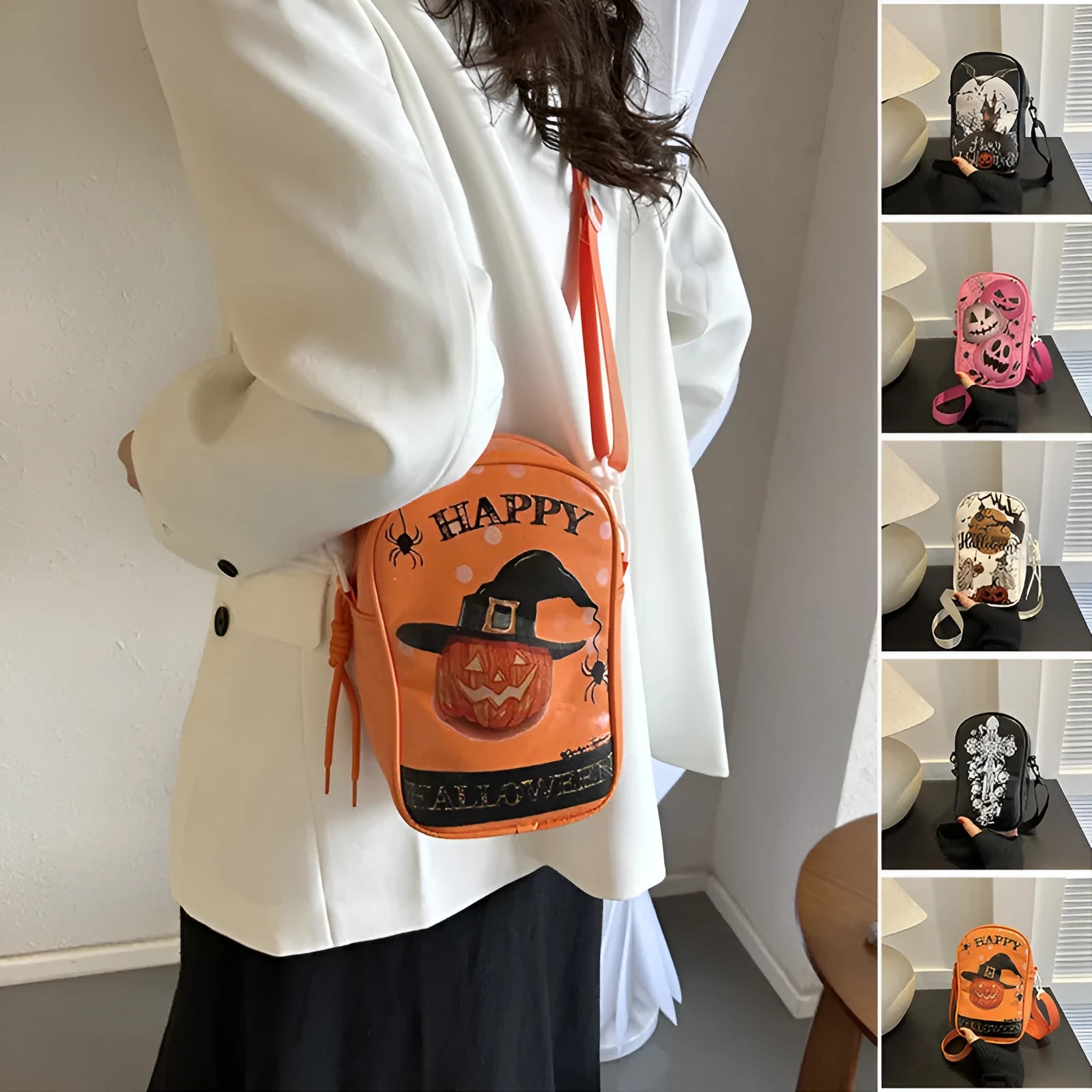 Halloween graffiti print crossbody shoulder bag with pumpkin ghost bat design