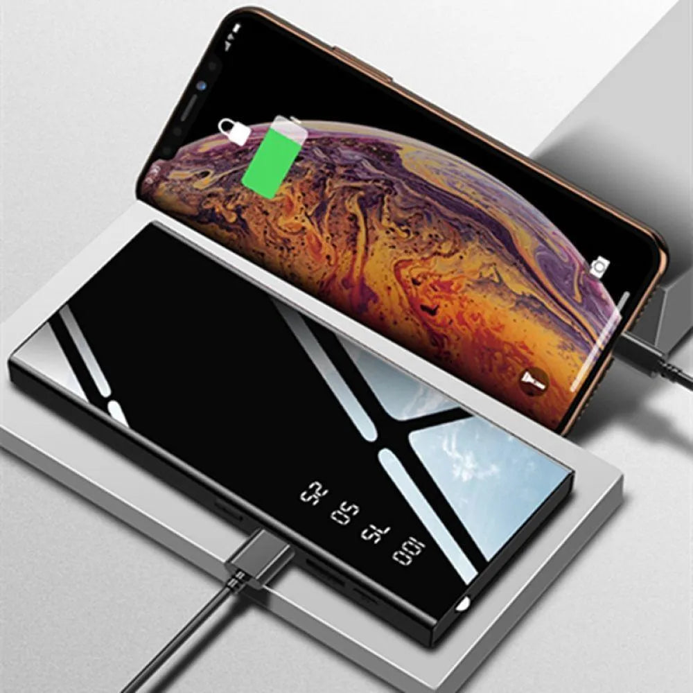 20000mAh power bank with LCD display showing battery percentage, dual USB ports, and compact design